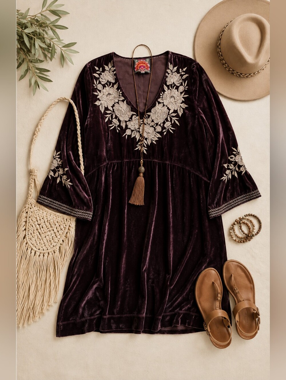 Johnny Was Brown Velvet Embroidered V-Neck Tunic Dress w/Cream Floral Detail, S